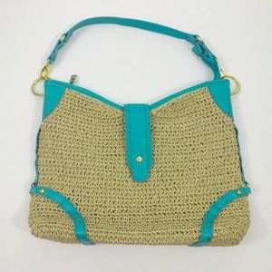 EUC Moda Turqouise Faux Leather Woven Straw Shoulder Bag 14x10x3.5 inches